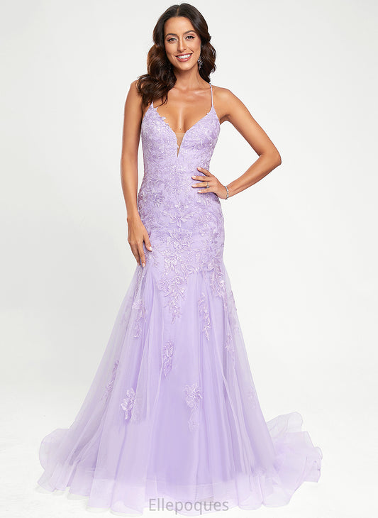 Tulle V-neck Trumpet/Mermaid Train Sequins With Sweep Kenna Prom Dresses Lace