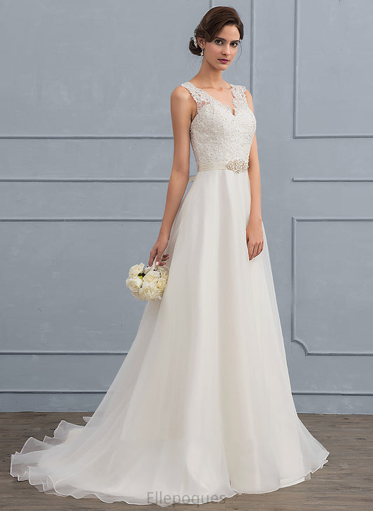 Wedding Dresses Beading With Sweep A-Line Organza V-neck Wedding Dress Bow(s) Cheyenne Train