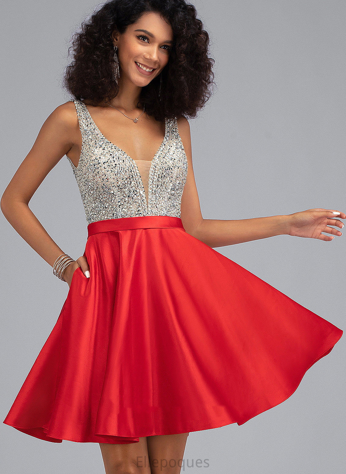 V-neck Dress A-Line Homecoming With Lucia Short/Mini Satin Homecoming Dresses Sequins Beading Pockets