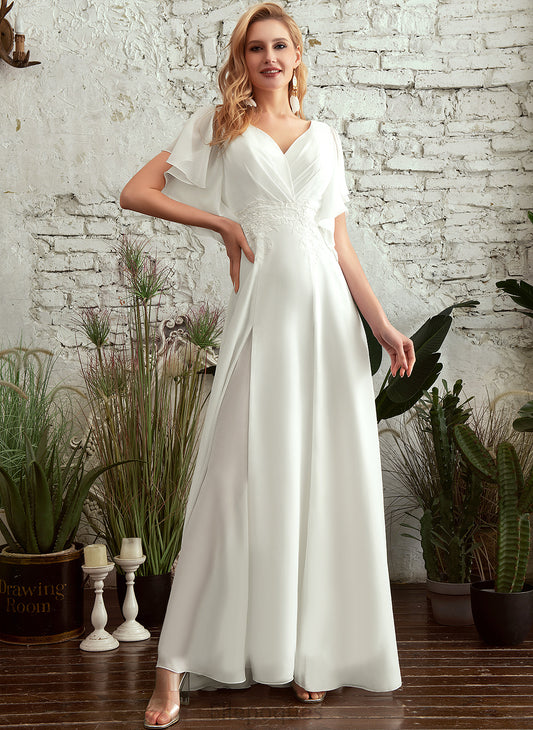 Front Shayna Split Wedding A-Line Chiffon V-neck Dress Lace Wedding Dresses With Floor-Length