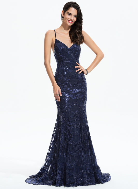 With V-neck Train Sequins Trumpet/Mermaid Sweep Sequined Prom Dresses Shea