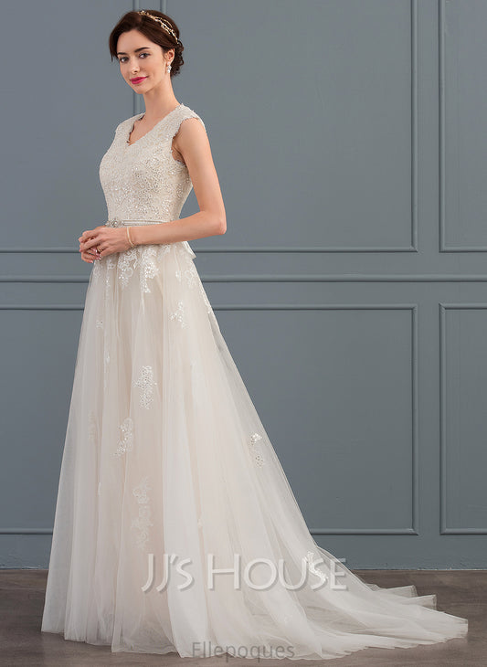 V-neck Wedding Bow(s) Tulle Wedding Dresses A-Line Beading Train Dress With Zoie Sequins Sweep