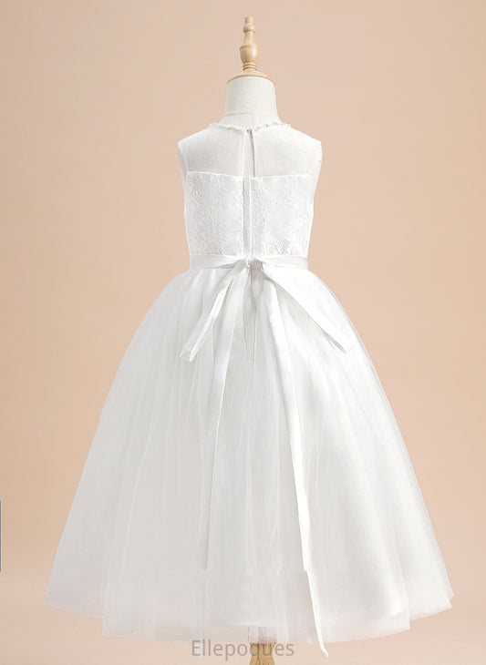 Neck - Tulle Flower Girl Dresses Sleeveless Scoop Dress With Flower A-Line Tea-length Madge Beading Girl