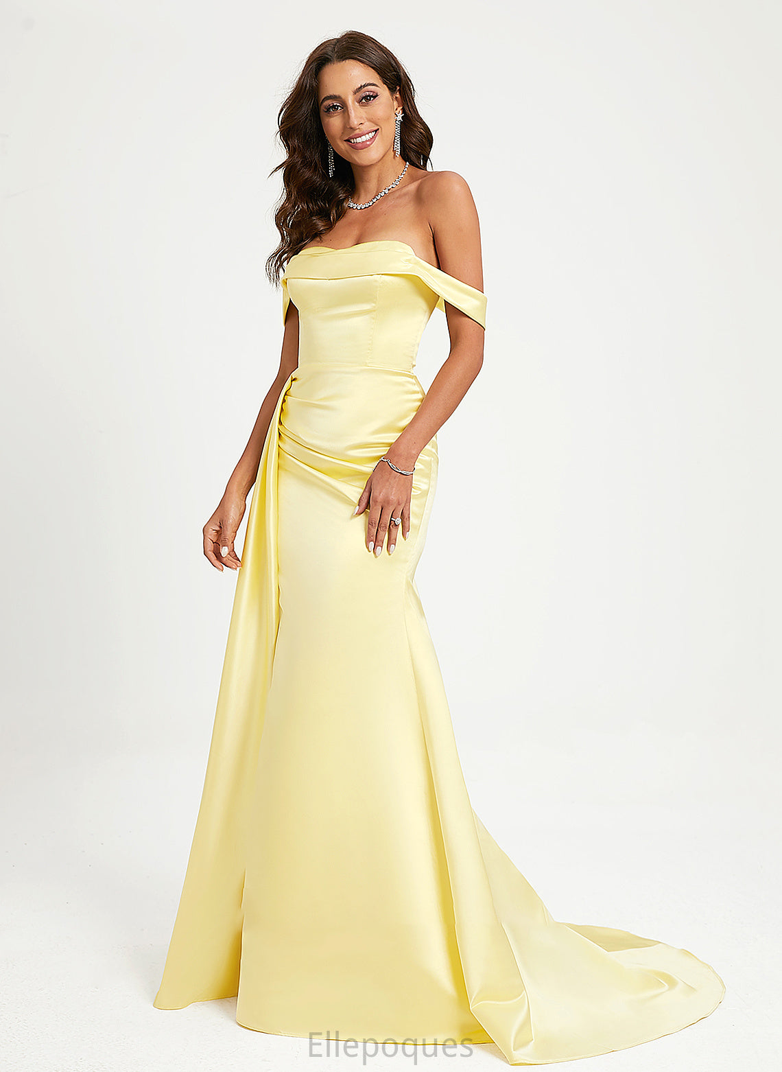 Satin Sweep Prom Dresses Ruffle Train With Trumpet/Mermaid Esperanza Off-the-Shoulder