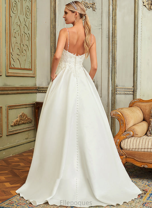 Jacquelyn Satin Beading Ball-Gown/Princess Train V-neck With Dress Lace Wedding Dresses Sweep Sequins Wedding Pockets Lace