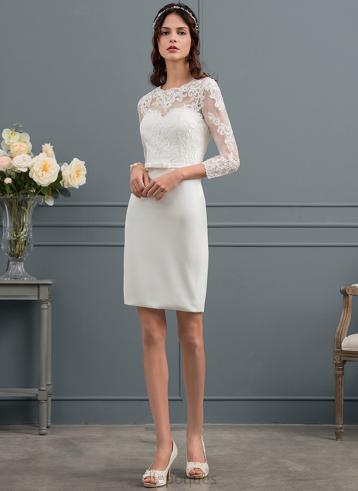 Wedding Dresses Illusion With Stretch Wedding Bow(s) Sequins Knee-Length Crepe Dress Sheath/Column Moira