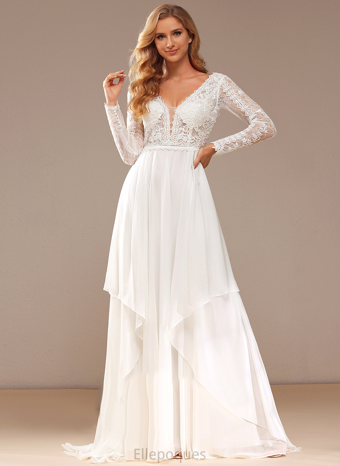 Chiffon Train Wedding Dresses Court Wedding Lace A-Line Dress Lace With Ruffle V-neck Karina