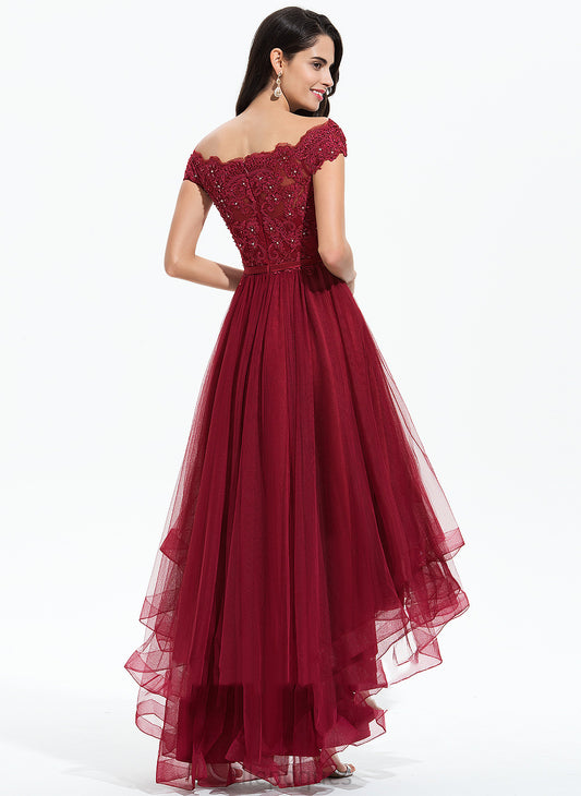 Homecoming Dresses Homecoming A-Line Bow(s) Dress With Beading Asymmetrical Annika Off-the-Shoulder Tulle Lace