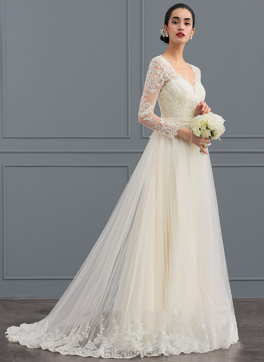 Ball-Gown/Princess Wedding Train Wedding Dresses Sweep Tulle V-neck Dress Dominique