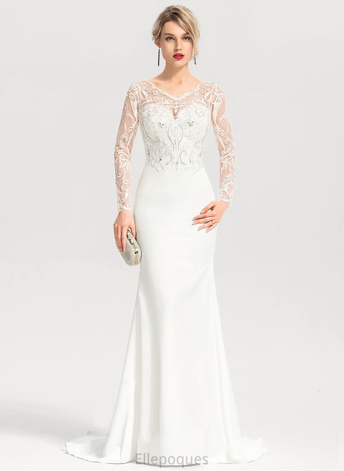 Beading Sequins V-neck Trumpet/Mermaid Wedding Crepe Wedding Dresses With Veronica Stretch Lace Dress Train Sweep