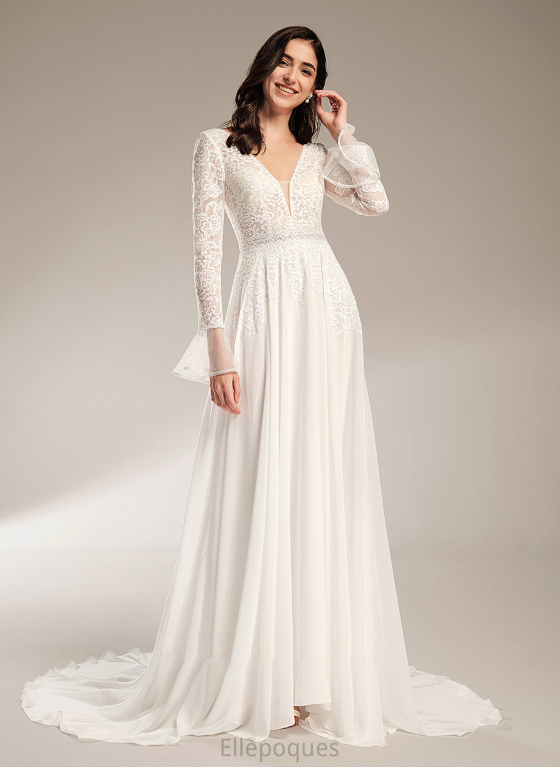 V-neck A-Line Wedding Court Wedding Dresses Dress With Ruffle Train Geraldine