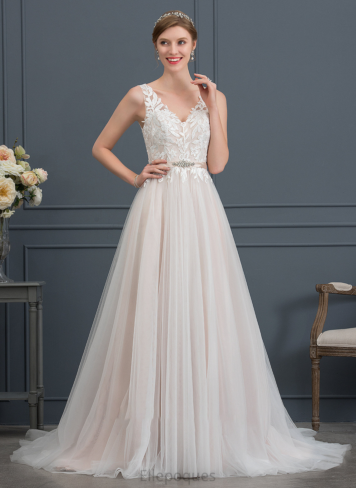 Willa Beading Tulle Wedding A-Line Train With V-neck Wedding Dresses Dress Court