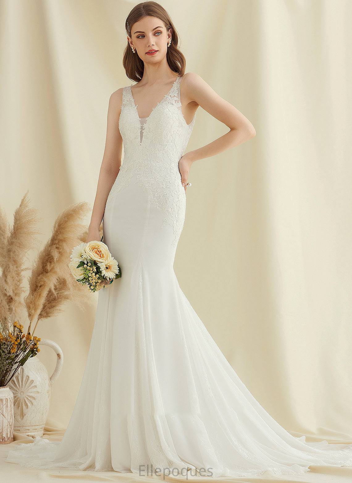 Wedding Court Dress Chiffon Maryjane Trumpet/Mermaid Wedding Dresses Lace Train V-neck