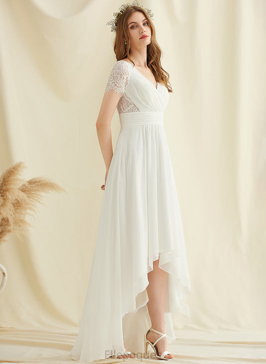 Scarlet Wedding Dresses A-Line Lace Wedding Chiffon V-neck Dress Asymmetrical