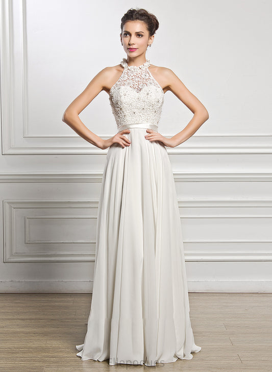 A-Line Wedding Sequins Chiffon Maritza Floor-Length Beading With Neck Wedding Dresses Scoop Dress