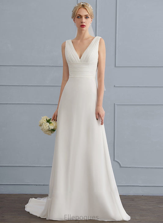 Ruffle Lia Sweep A-Line Dress V-neck Chiffon Wedding With Train Wedding Dresses