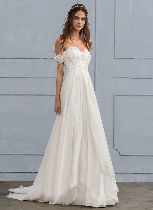 Lace Wedding Sweep Kenna Train Off-the-Shoulder Wedding Dresses A-Line Chiffon Beading With Dress Flower(s)