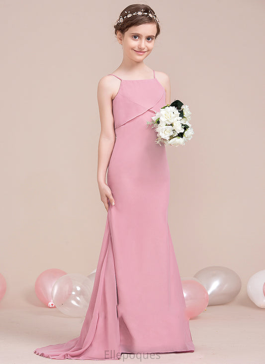 Chiffon Trumpet/Mermaid With Sweep Square Millie Junior Bridesmaid Dresses Train Cascading Neckline Ruffles