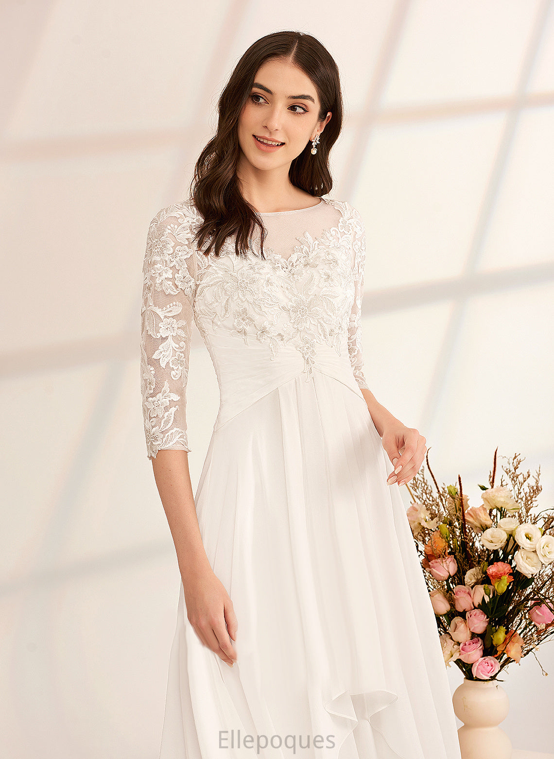 Wedding A-Line Aubrie Lace Floor-Length Ruffle Dress Chiffon Illusion Wedding Dresses With Beading