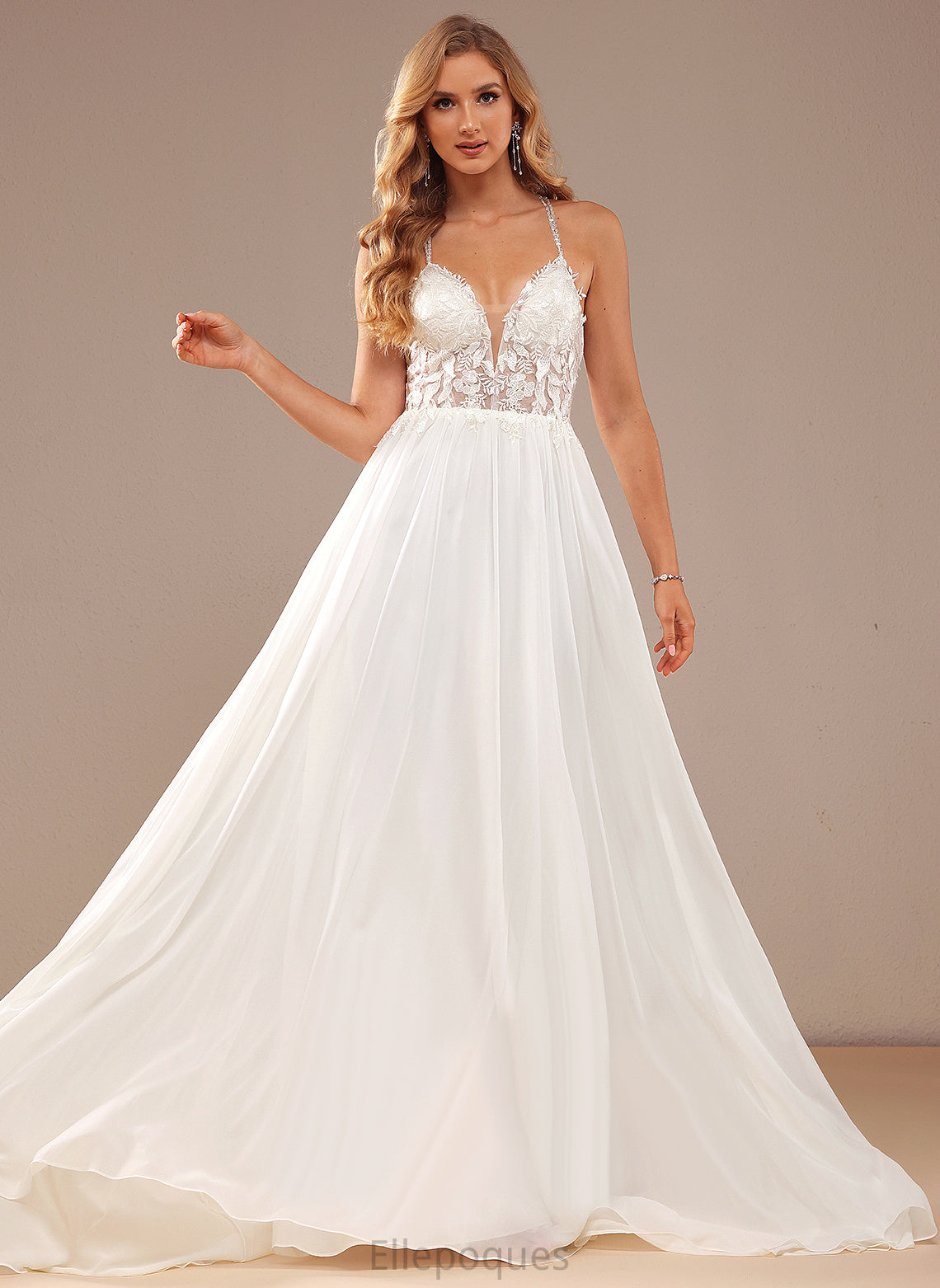 A-Line Wedding Dresses Sweep Dress Train Chiffon With V-neck Beading Sequins Paityn Wedding Lace