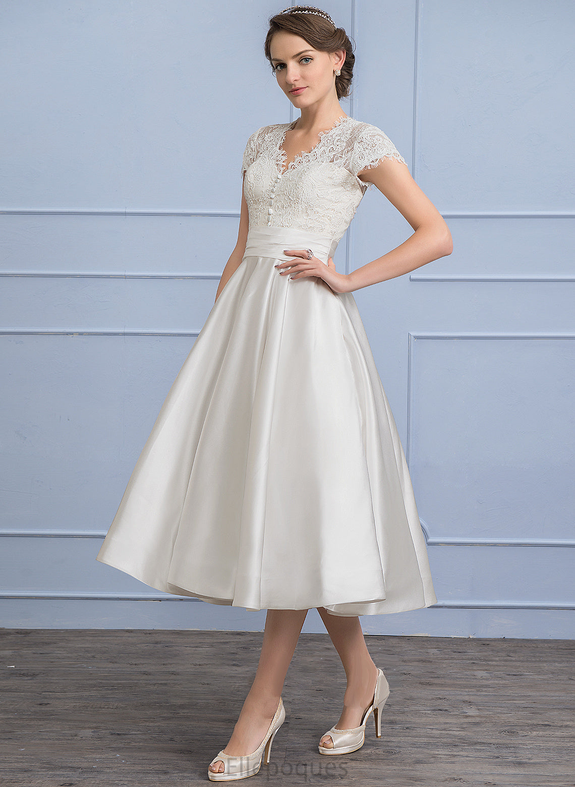 Satin Ruffle Wedding Dresses Tea-Length With Juliana Wedding Pockets V-neck A-Line Dress