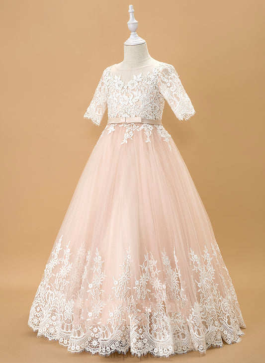 Bow(s) 1/2 Flower Flower Girl Dresses Neck Scoop Jeanie With - Tulle/Lace Dress Floor-length Sleeves Ball-Gown/Princess Girl