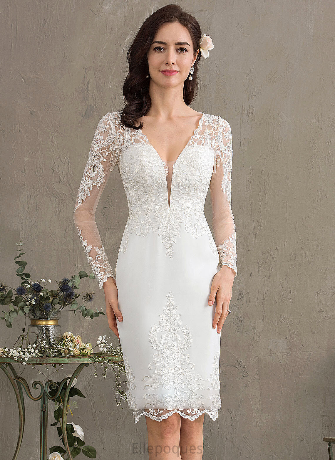 Wedding Crepe Knee-Length Stretch Dress Wedding Dresses Minnie Sheath/Column V-neck