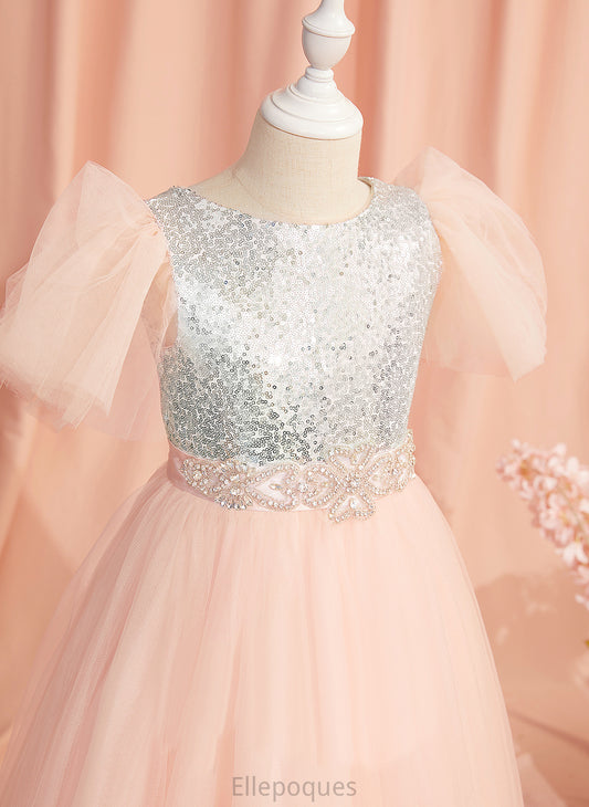 Ball-Gown/Princess Beading/Sequins/Bow(s) Tulle/Sequined Sleeves Neck Flower Floor-length Short With Scoop Girl Deja - Flower Girl Dresses Dress