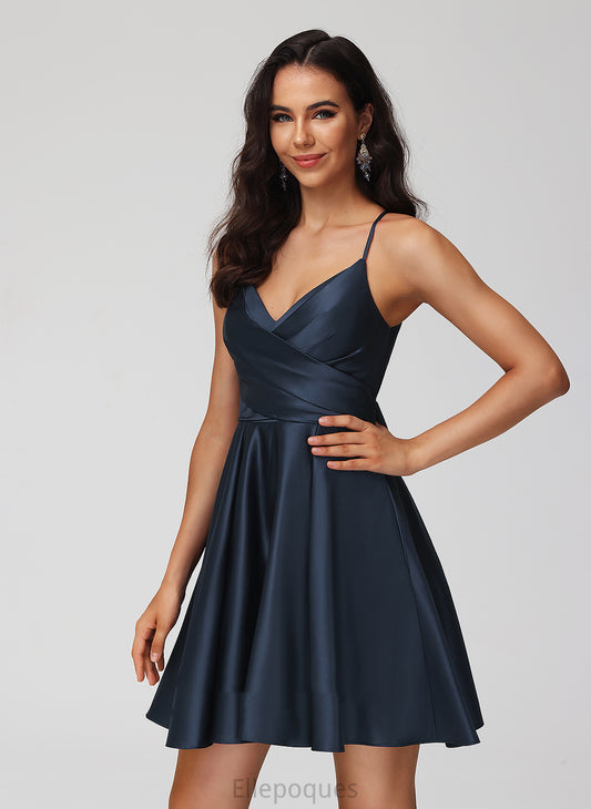 Homecoming Dresses With A-Line Dress V-neck Short/Mini Pleated Satin Homecoming Alayna