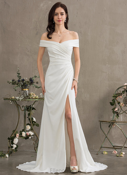 Dress Melinda Off-the-Shoulder Stretch Crepe With Sheath/Column Front Split Wedding Dresses Ruffle Wedding Sweep Train