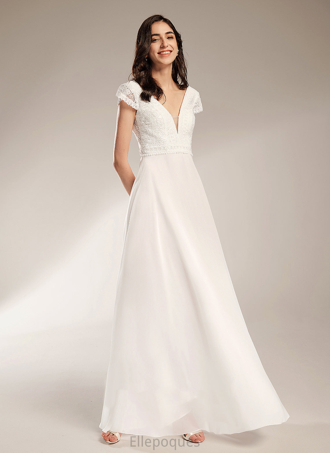 Wedding Floor-Length Wedding Dresses Chiffon Lace Nydia Dress V-neck A-Line