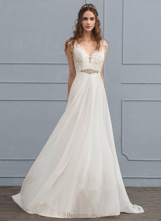 Beading Sequins V-neck Chiffon Dress With Wedding Dresses Train Arianna Lace Wedding Court A-Line