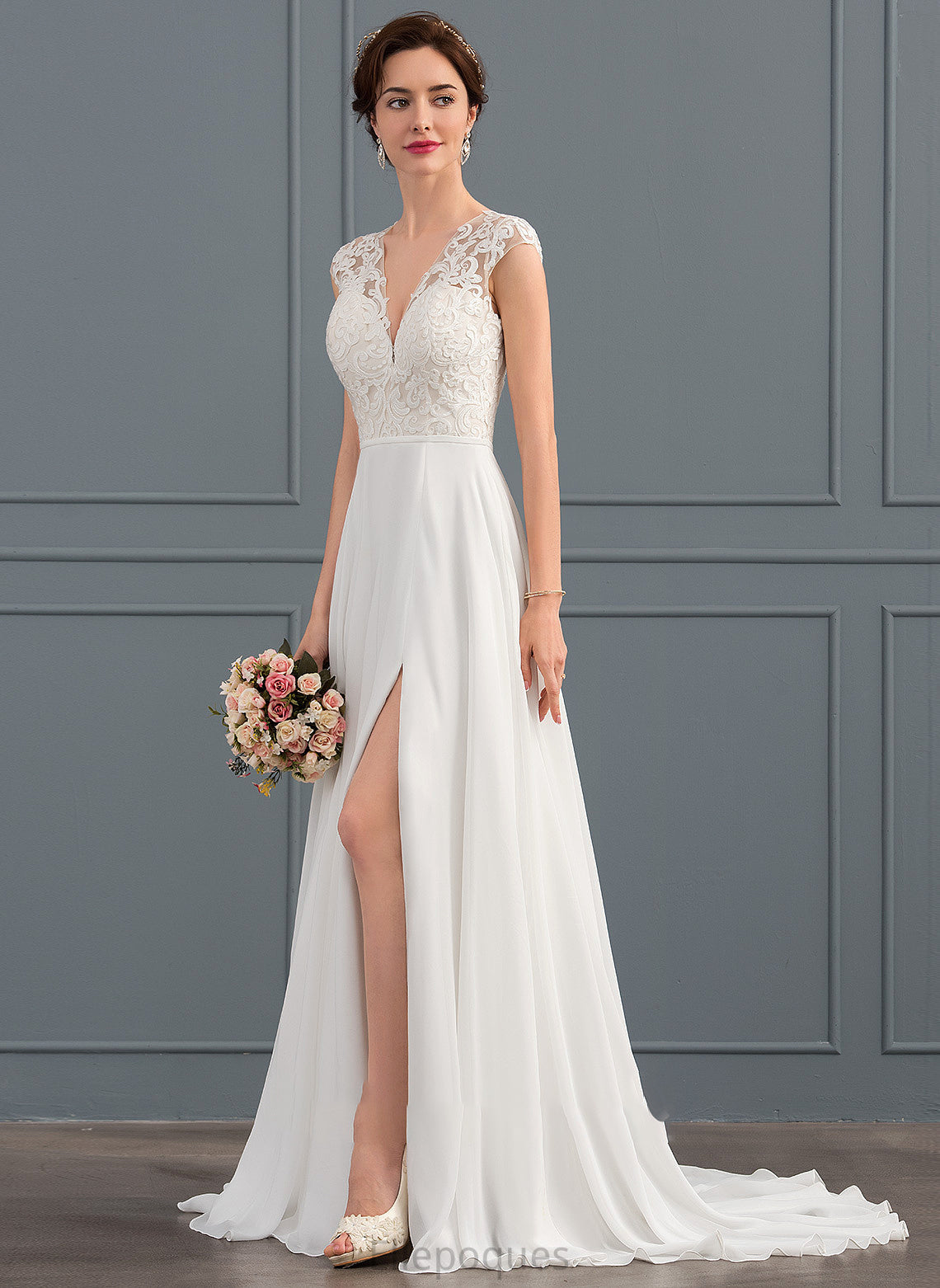 Dress Wedding With Split Chiffon Sweep Sarahi Train A-Line Wedding Dresses Front V-neck