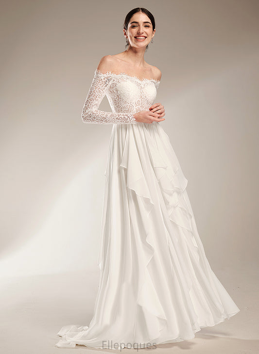 Ruffle Court Dress A-Line Chiffon Off-the-Shoulder Wedding Dresses Wedding Lace With Alissa Train