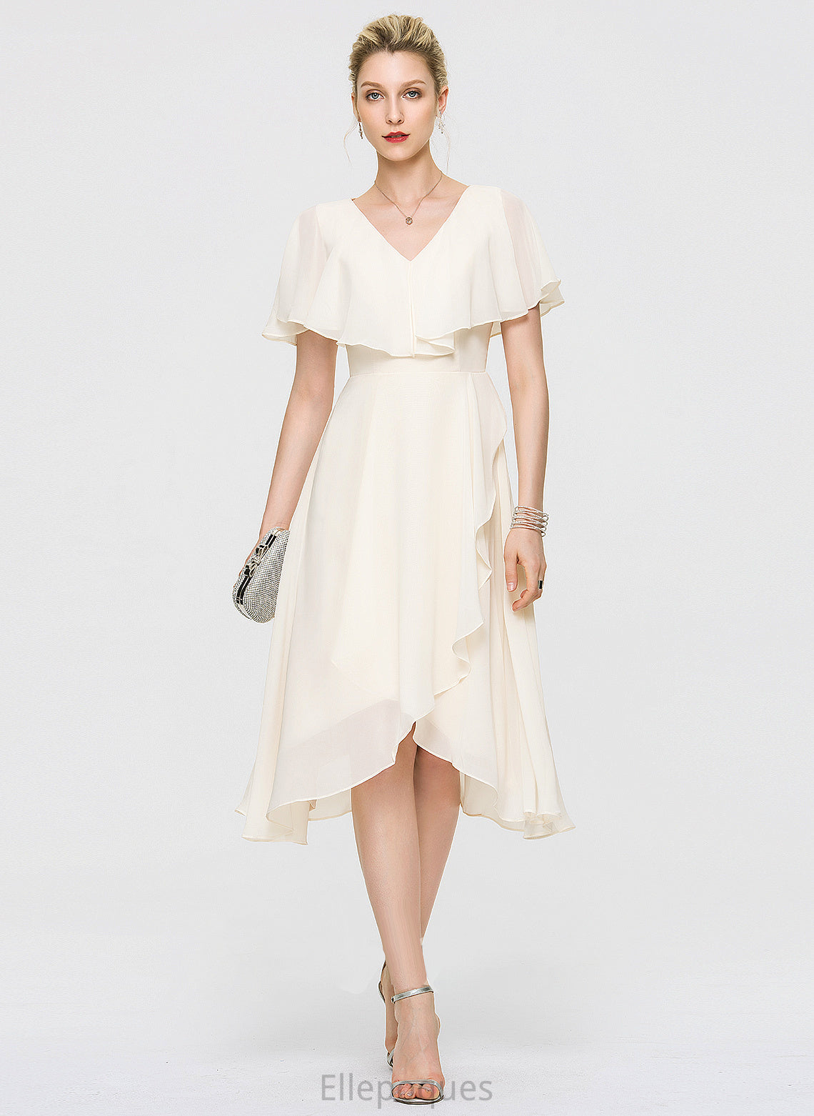 Cascading Wedding Dresses Chiffon Bow(s) Ruffles Wedding A-Line V-neck Asymmetrical Dress With Joyce