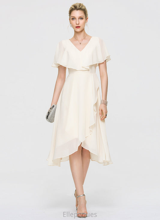 Cascading Wedding Dresses Chiffon Bow(s) Ruffles Wedding A-Line V-neck Asymmetrical Dress With Joyce