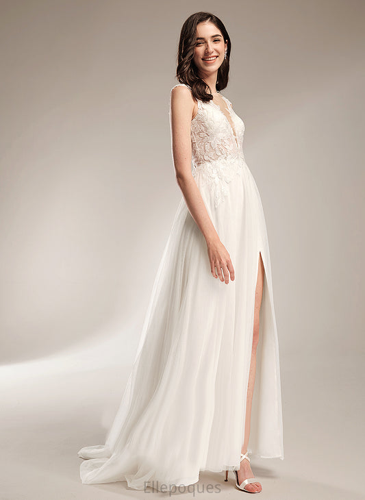 V-neck A-Line Wedding Dresses Monique Lace Court Train Tulle Wedding With Dress Sequins