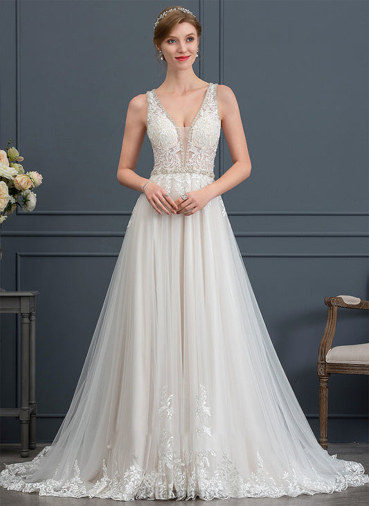 Beading Ball-Gown/Princess Court Dress Tulle V-neck With Wedding Sequins Adelyn Wedding Dresses Train