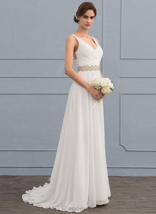 Lace Dress Train Sweep Lailah Wedding Dresses Ruffle V-neck Chiffon With Beading A-Line Wedding Sequins