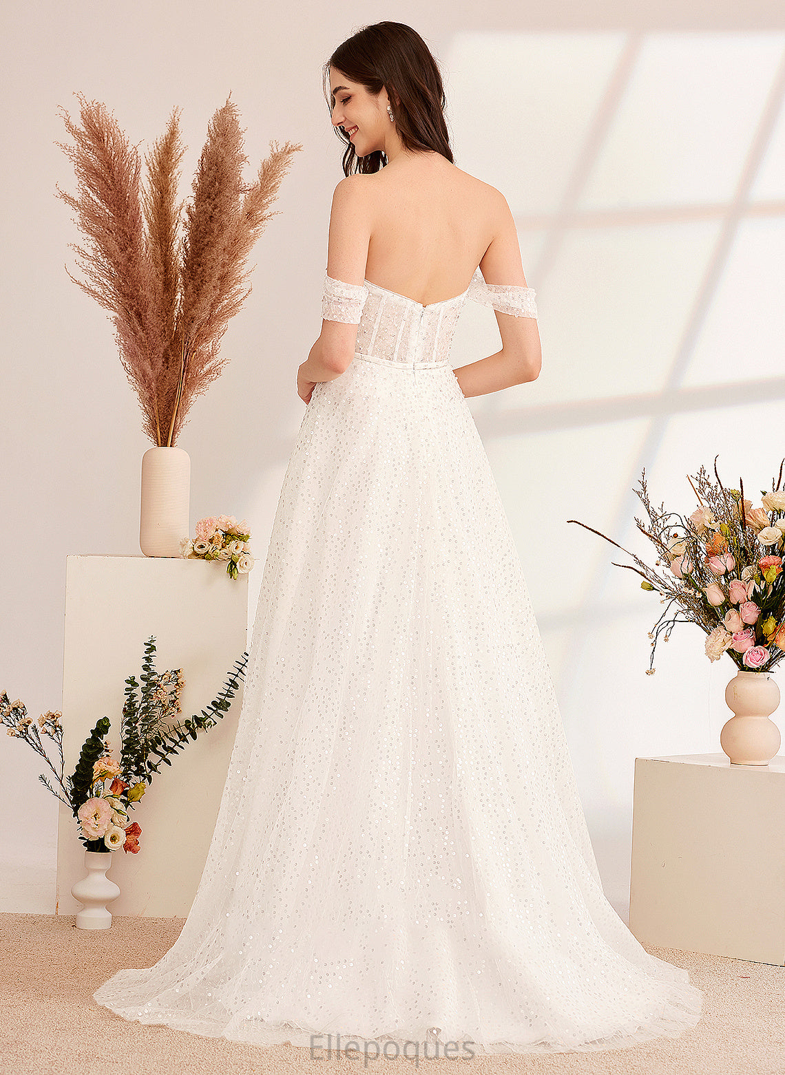 A-Line With Off-the-Shoulder Dress Valery Wedding Dresses Sweep Train Wedding Sequins