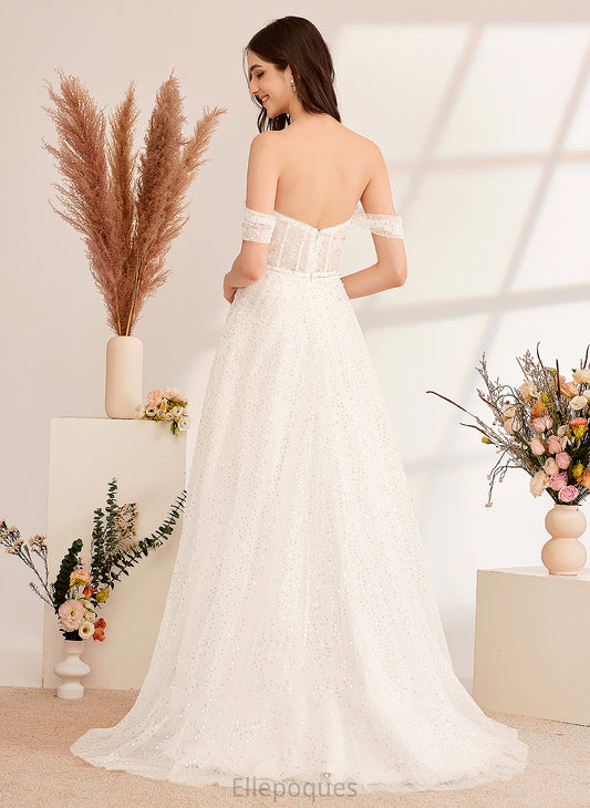 A-Line With Off-the-Shoulder Dress Valery Wedding Dresses Sweep Train Wedding Sequins