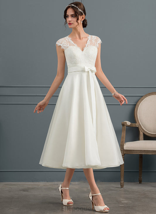 Satin Bow(s) Dress A-Line V-neck Wedding Tea-Length Wedding Dresses With Mya