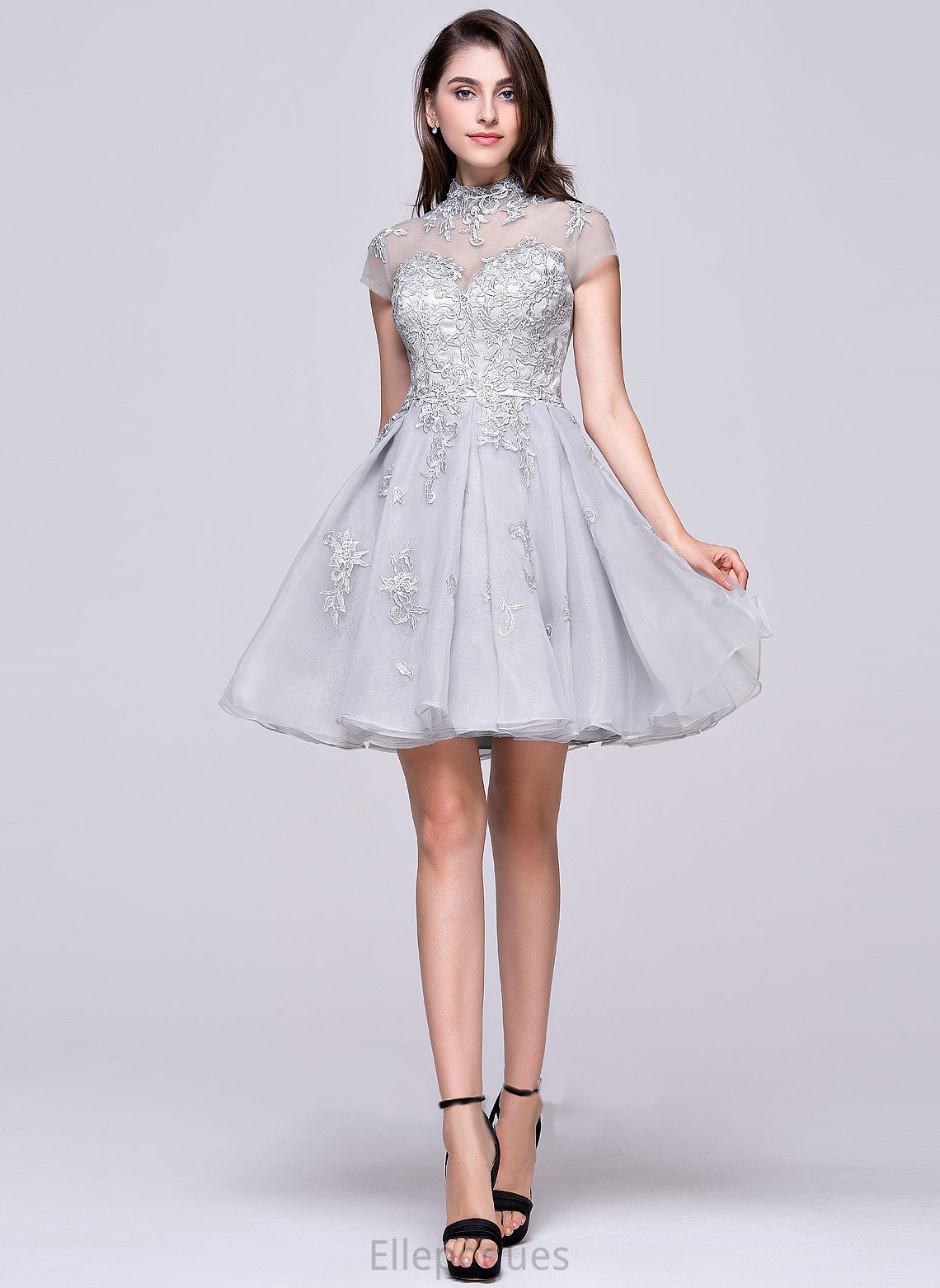 Homecoming Tulle Organza Short/Mini Lace Leticia A-Line With Appliques Neck High Homecoming Dresses Lace Dress