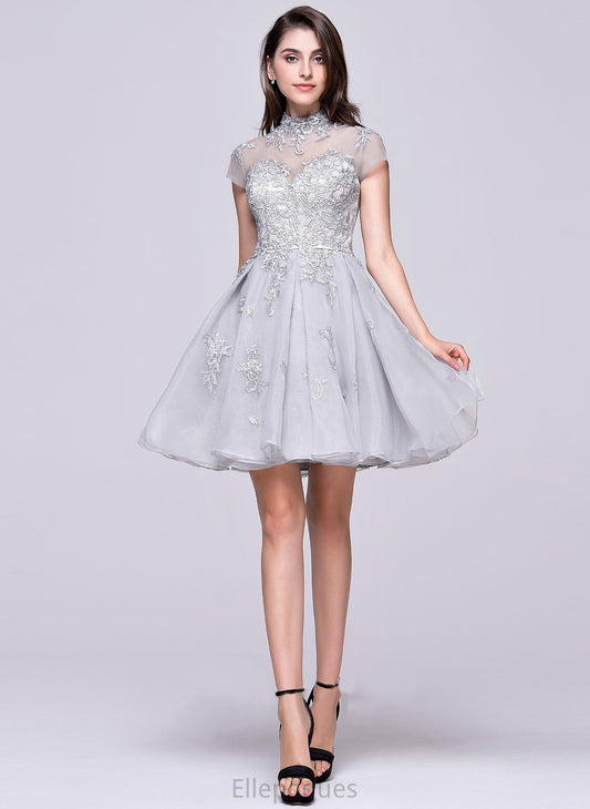 Homecoming Tulle Organza Short/Mini Lace Leticia A-Line With Appliques Neck High Homecoming Dresses Lace Dress