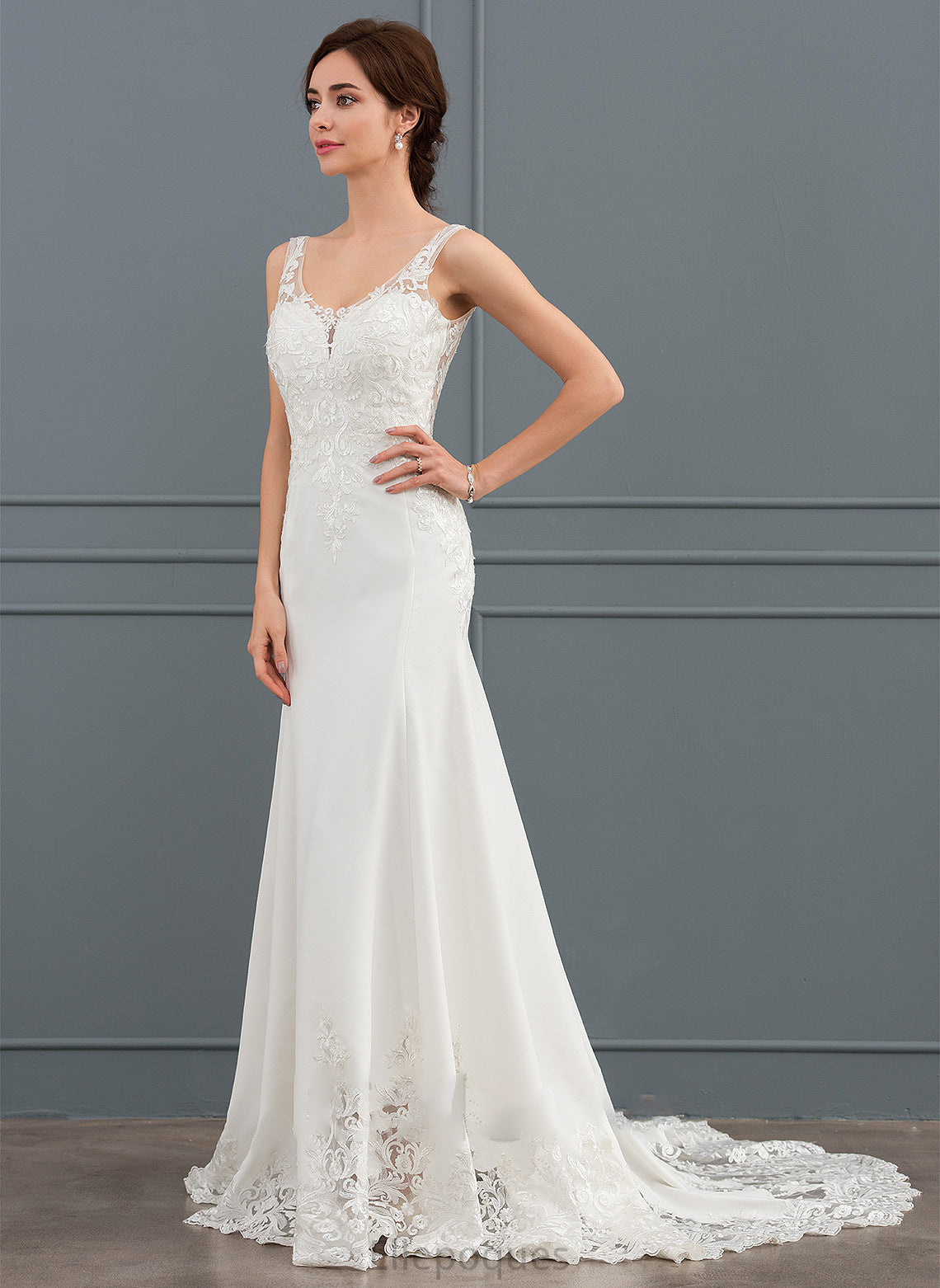 V-neck Court Vanessa Wedding Dresses Wedding Stretch Dress Train Sequins Crepe Trumpet/Mermaid With Lace