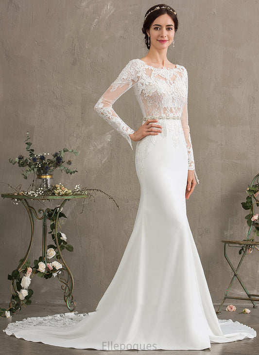 Trumpet/Mermaid Wedding Lace With Train Beading Chapel Dress Anabelle Stretch Crepe Sequins Scoop Wedding Dresses Neck