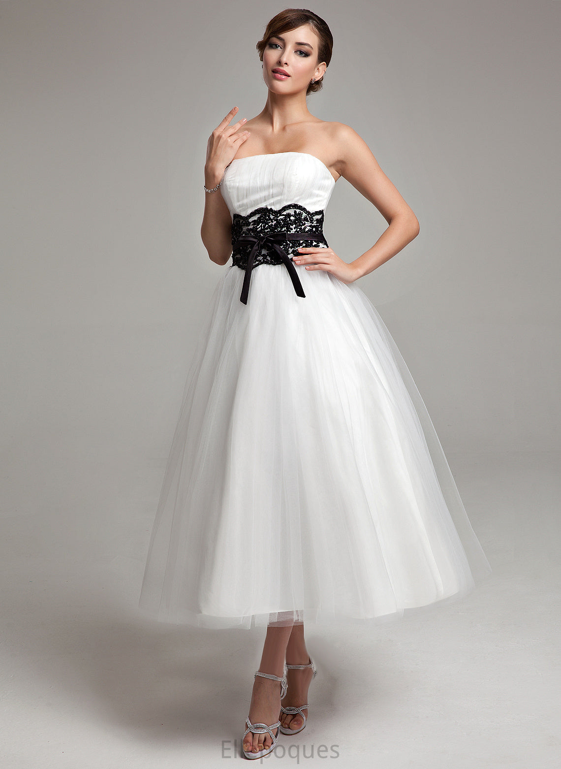 Wedding Wedding Dresses Strapless Beading Tea-Length Tulle Satin With Sash Bow(s) Ball-Gown/Princess Dress Lace Tania