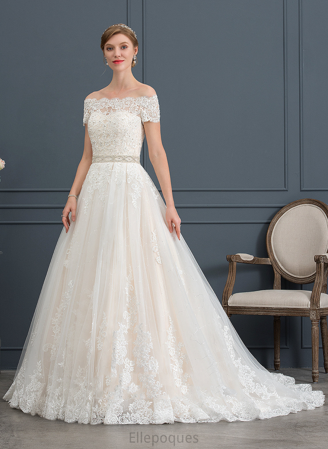 Beading Wedding Dress With Tori Ball-Gown/Princess Wedding Dresses Tulle Sequins Off-the-Shoulder Train Lace Court