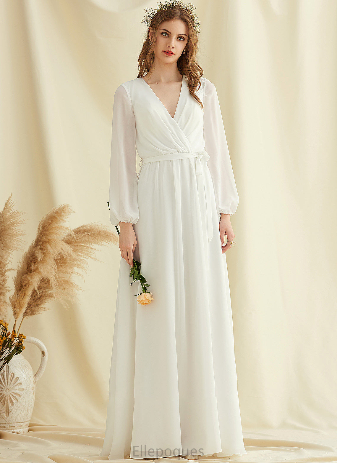 Front Wedding Split Chiffon V-neck Floor-Length Wedding Dresses Cloe With Dress A-Line