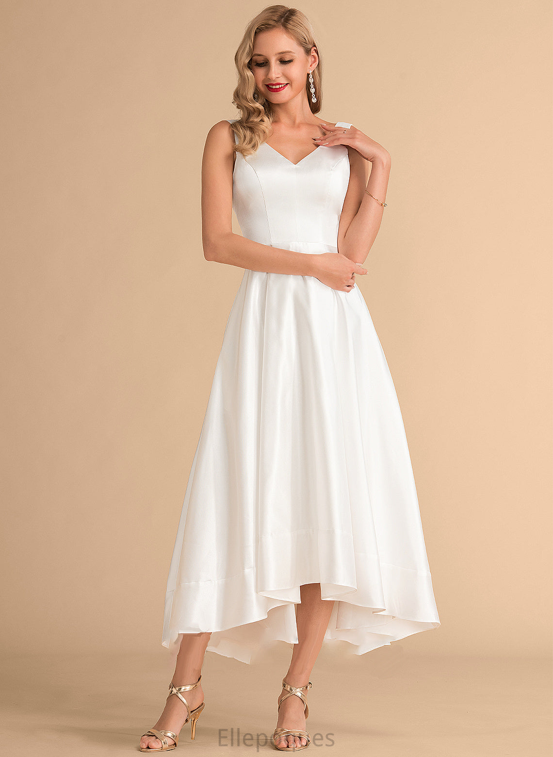 Satin Asymmetrical A-Line Dress Julia V-neck Wedding Wedding Dresses